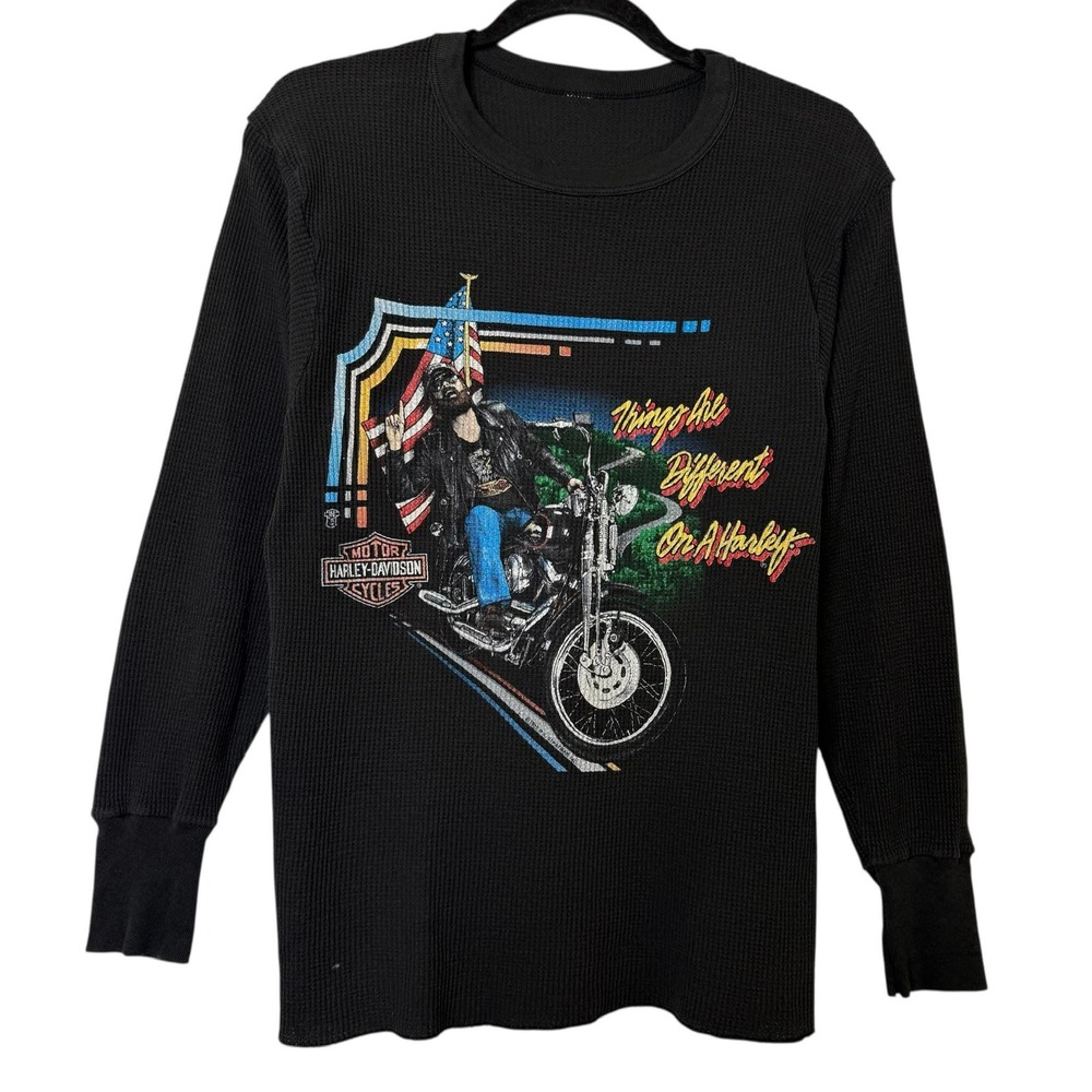 Vintage 1980s Harley Davidson Black Long Sleeve Shirt Thermal Waffle b458